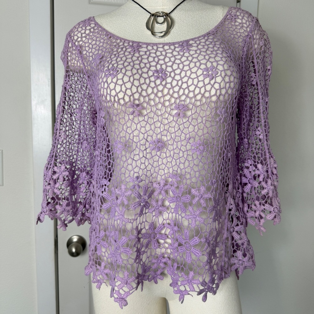Y2K Womens Purple Crochet Floral Lace Sheer Fairy Top Hippie Lavender 2000s
